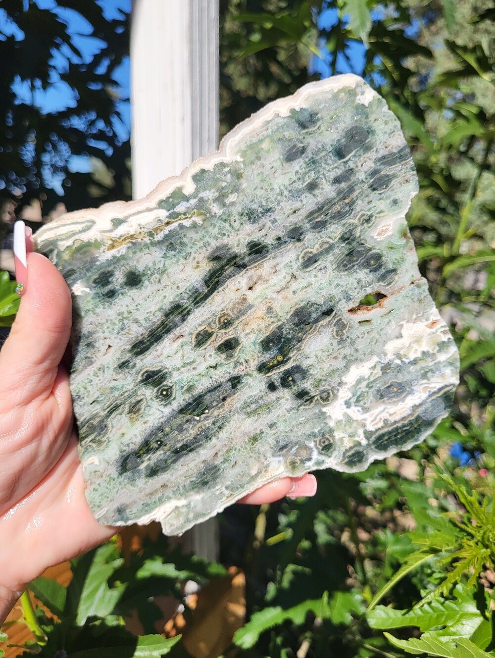 Old Stock Rare Natural Green and Snow Druzy Ocean Jasper Decorative Stone Slab